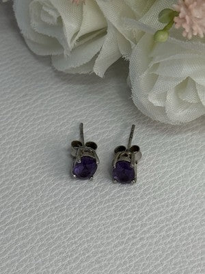 925 Sterling Silver Amethyst Earrings Length 0.27 Inch