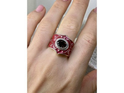 925 Sterling Silver Hessonite & Red Enamel Ring Size 9.5