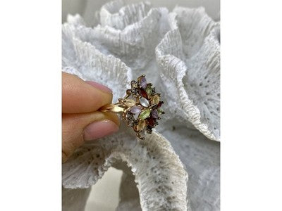 925 Sterling Silver Gold Plated Multi Gemstones "Flower" Ring Size 8