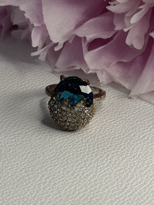 925 Sterling Silver Blue Crystal & CZ Ring Size 8