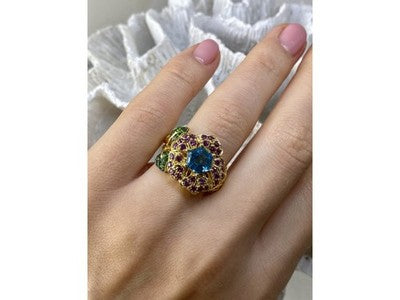 925 Sterling Silver Gold Plated Topaz, Peridot & Spinel "Flower" Ring Size 7.5
