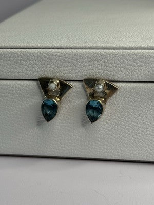 925 Sterling Silver Topaz & Pearl Earrings Length 0.70 Inch