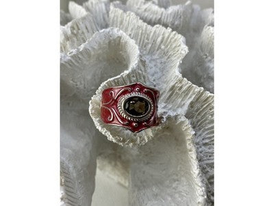 925 Sterling Silver Hessonite & Red Enamel Ring Size 9.5