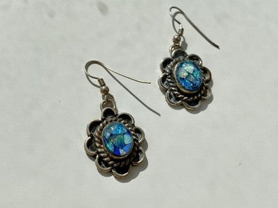 Vintage 925 Sterling Silver Mosaic Opal Earrings