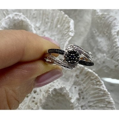 925 Sterling Silver Black Tourmaline (Sherl) "Flower" Ring Size 7
