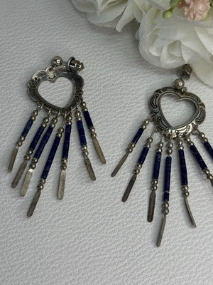 Vintage Native American 925 Sterling Silver Lapis Earrings Length 2.50 Inch