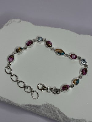925 Sterling Silver Oyster Turquoise & Topaz Bracelet Length 6-8 Inch