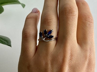 925 Sterling Silver Sapphires Ring Size 6.5