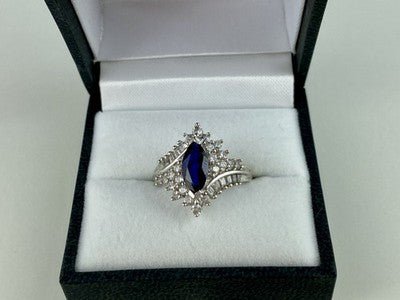 925 Sterling Silver Sapphire & CZ Ring Size 6.5