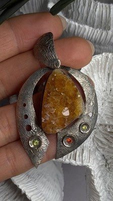 Large 925 Sterling Silver Baltic Amber Peridot Citrine Tourmaline Pendant