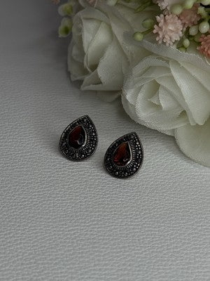 925 Sterling Silver Garnet & Marcasite Earrings Length 0.60 Inch
