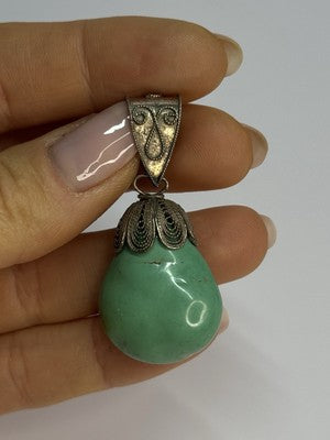 Vintage 925 Sterling Silver Malachite Pendant Length 2 Inch