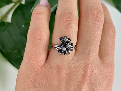 925 Sterling Silver Sapphire & CZ "Flowers" Ring Size 6.75