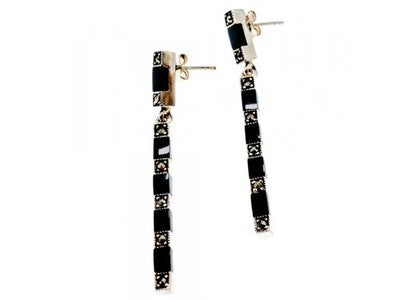 925 Sterling Silver Black Nephrite & Marcasites Earrings