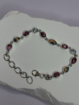 925 Sterling Silver Oyster Turquoise & Topaz Bracelet Length 6-8 Inch