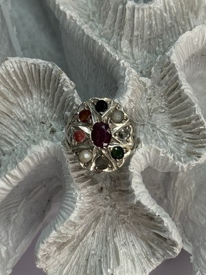 925 Sterling Silver Ruby & Multicolor Gemstones Ring Size 8