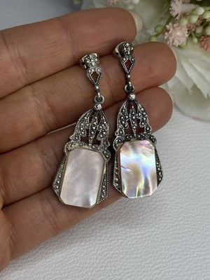 Vintage 925 Sterling Silver Abalone Earrings Length 2 Inch