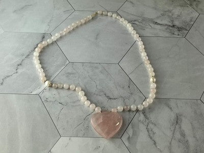 14K Yellow Gold Rose Quartz "Angel Heart" Necklace Pendant
