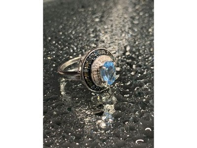 925 Sterling Silver Aquamarine & Spinel Ring Size 6.75