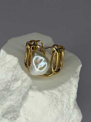 925 Sterling Silver Gold Plated Pearl  Ring Size Adjustable