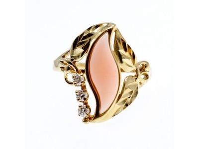 14K Yellow Gold Pink Agate & Sapphires Ring Size 5.5