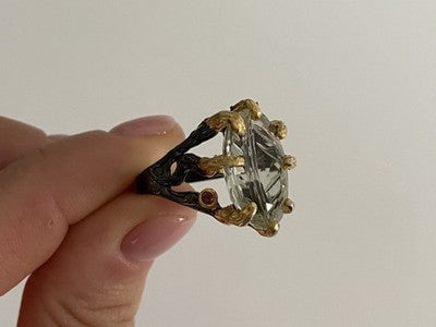 925 Blackened Silver With Gilding Green Amethyst & Heliodor Ring Size 9.75