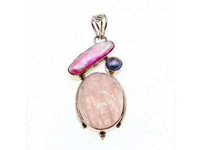 925 Sterling Silver Morganite, Haliotis & Pearl Pendant