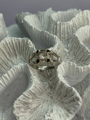 925 Sterling Silver White & Blue Sapphire Ring Size 7