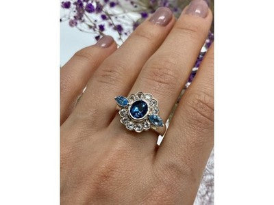 925 Sterling Silver Aquamarine & Goshenite Ring Size 9