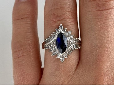 925 Sterling Silver Sapphire & CZ Ring Size 6.5