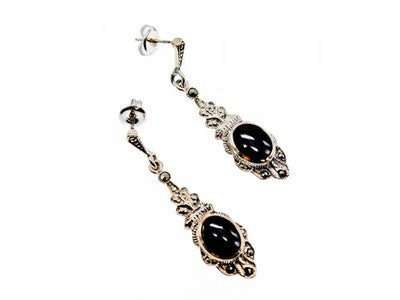 Vintage 925 Sterling Silver Onyx & Marcasites Earrings