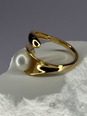 925 Sterling Silver Gold Plated Pearl Ring Size Adjustable