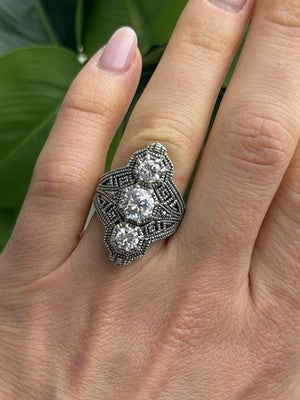 Vintage 925 Sterling Silver Cz & Marcasite Ring Size 6