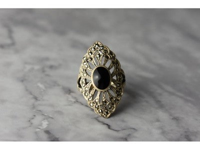 925 Sterling Silver Black Tourmaline & Marcasites Ring Size 6