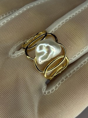 925 Sterling Silver Gold Plated Pearl  Ring Size Adjustable