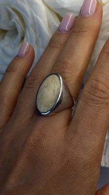925 Sterling Silver Light Cream Jasper Oval Ring Size 8.5