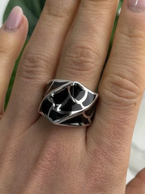 Italy Geometric Design 925 Sterling Silver Black Onyx Ring Size 10