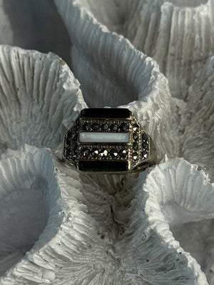 925 Sterling Silver Jade Abalone Marcasite Ring Size 6