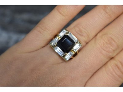 925 Sterling Silver Gold Plated Jewelry Glass & CZ Ring Size 6.5