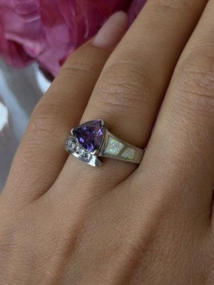 925 Sterling Silver Amethyst Opal Beryl Ring Size 7
