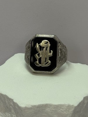 10K WHITE GOLD VINTAGE ART DECO BLACK ONYX RING SIZE 8
