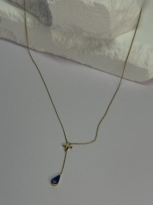 14K YELLOW GOLD CROSS EVIL EYE NECKLACE LENGTH 15 INCH
