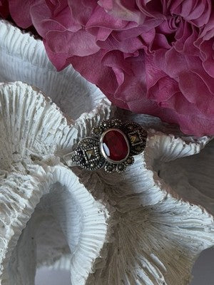 925 Sterling Silver Ruby & Marcasite Ring Size 8