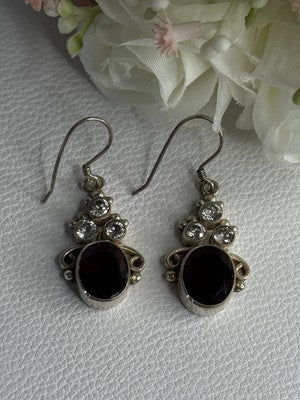 925 Sterling Silver Garnet & CZ Earrings Length 1.70 Inch