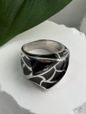 Italy Geometric Design 925 Sterling Silver Black Onyx Ring Size 10