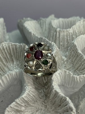 925 Sterling Silver Ruby & Multicolor Gemstones Ring Size 8