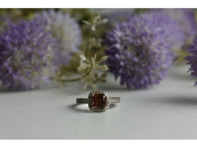 925 Sterling Silver Hessonite & CZ Ring Size 8