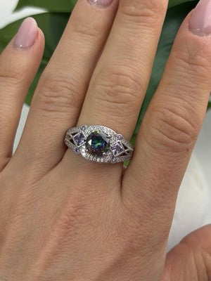 925 Sterling Silver Mystic Topaz & Amethyst & Beryl Ring Size 8