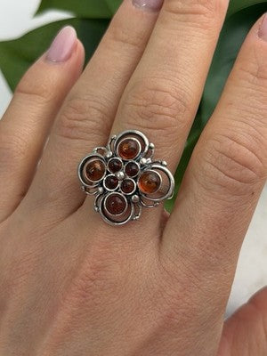 925 Sterling Silver Amber Flower Ring Size 9.5
