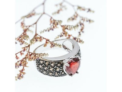 925 Sterling Silver Ruby & Hessonite "Heart" Ring Size 9